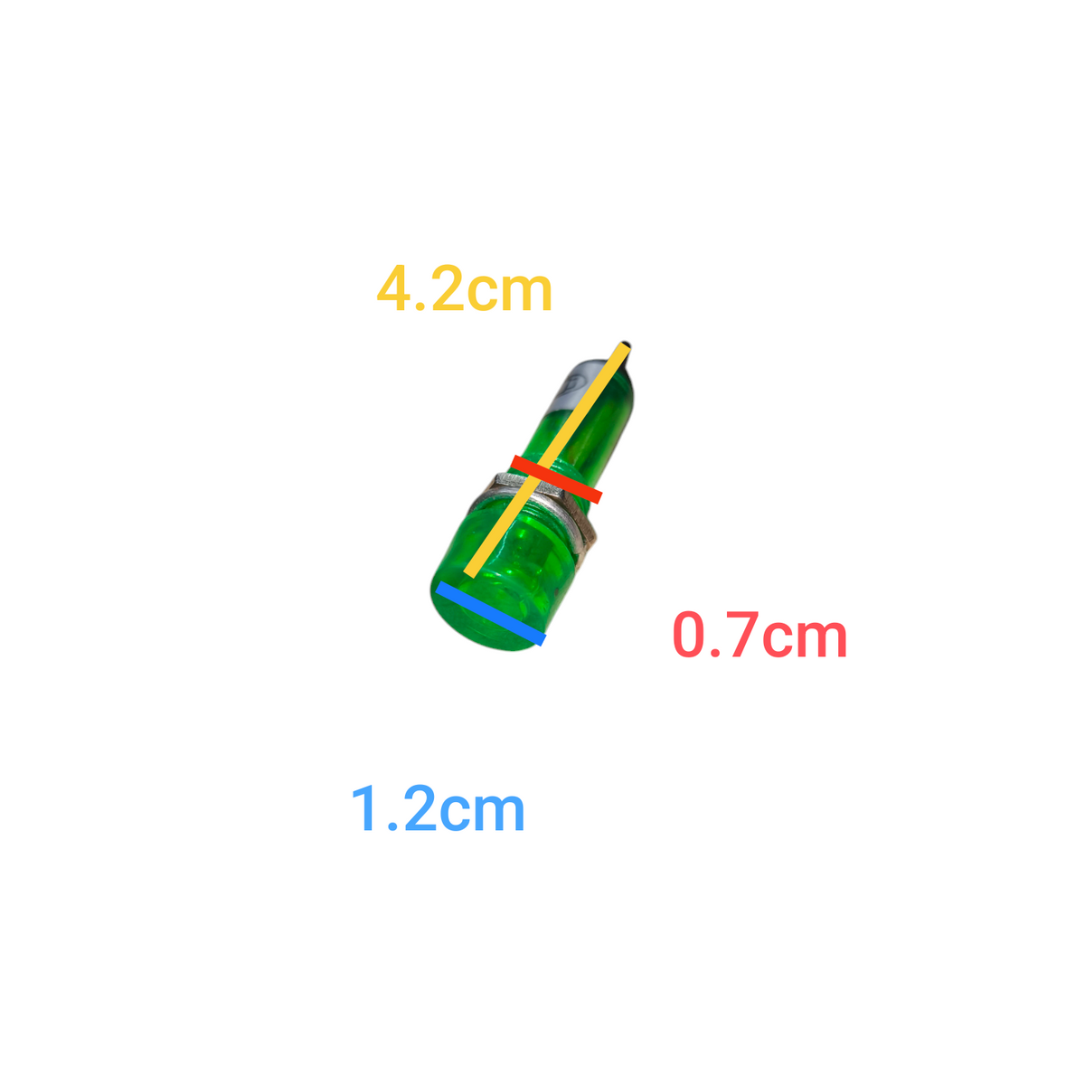 Measurement chart with a green object and labeled dimensions on a white background Round Pilot Lamp 7mm Indicator Available in 12V or 220V Color Green Electx Electrical Supply