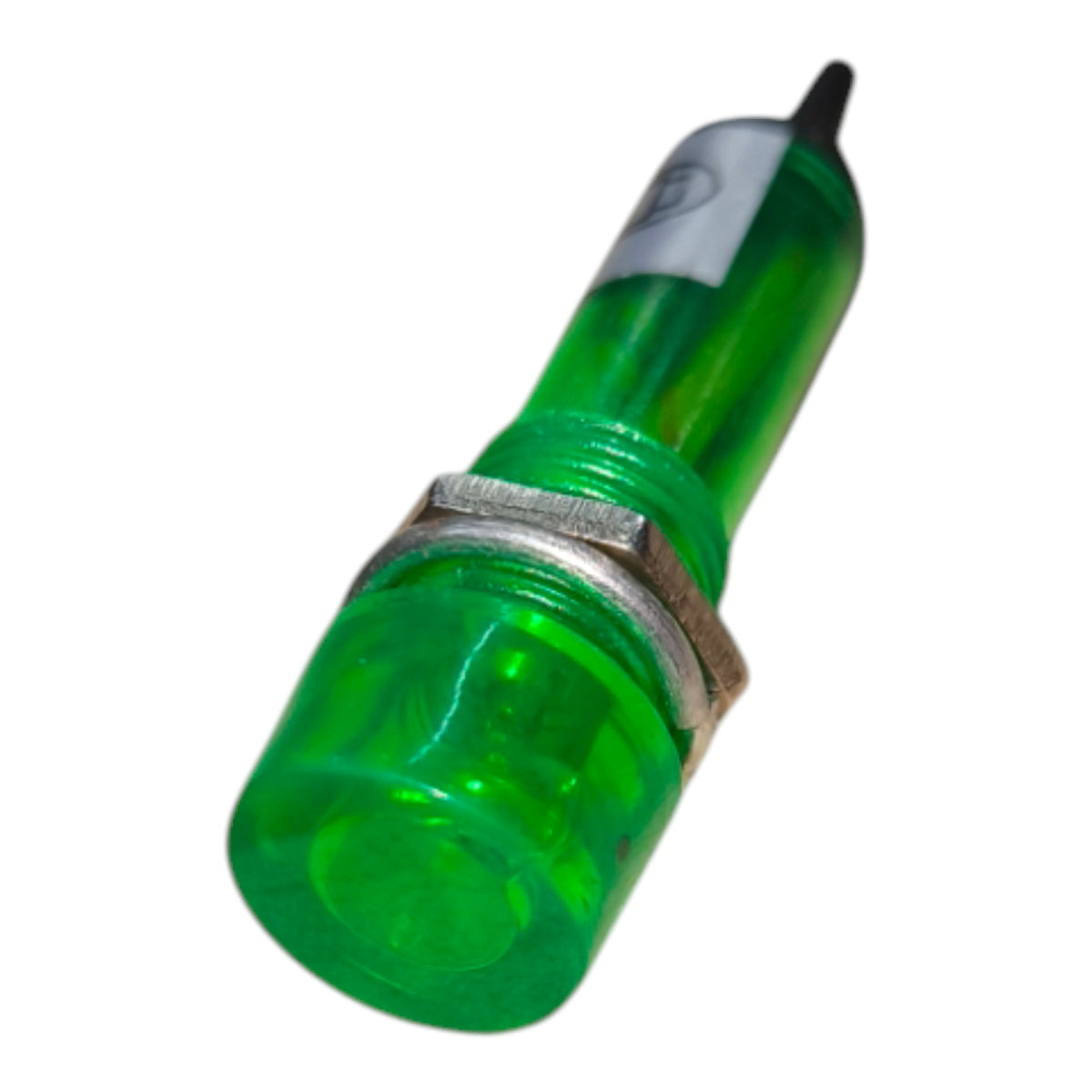 A green translucent cylindrical electronic component or sensor with a silver metal band and a small black tip, isolated on a white background.