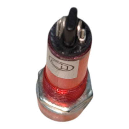A small cylindrical electrical component with a red translucent body, silver metal base, black top, and a white label with a logo, isolated on a white background.