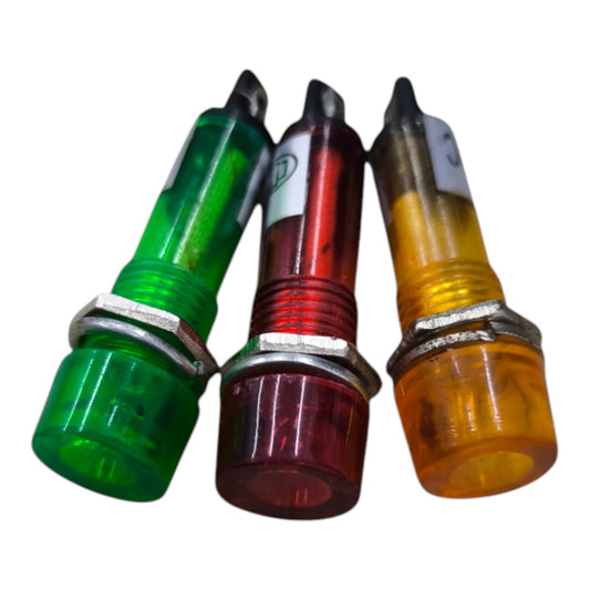 Three translucent signal light bulbs in green, red, and amber/yellow, each with a silver metal band near the base, shown on a plain white background.