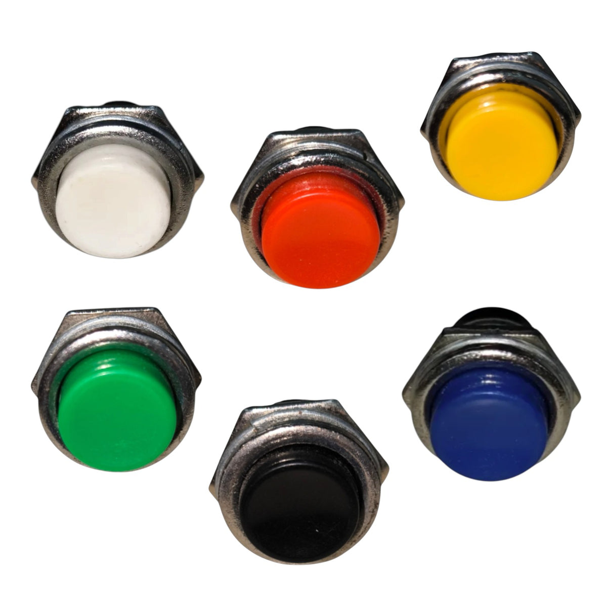 Five industrial push-button switches with hexagonal metal casings and round colored buttons in white, red, yellow, green, and blue, arranged on a plain white background.
