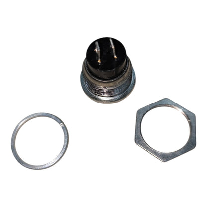 A small metal hardware component with a black top and silver threaded base, shown with two loose metal washers on a plain white background.