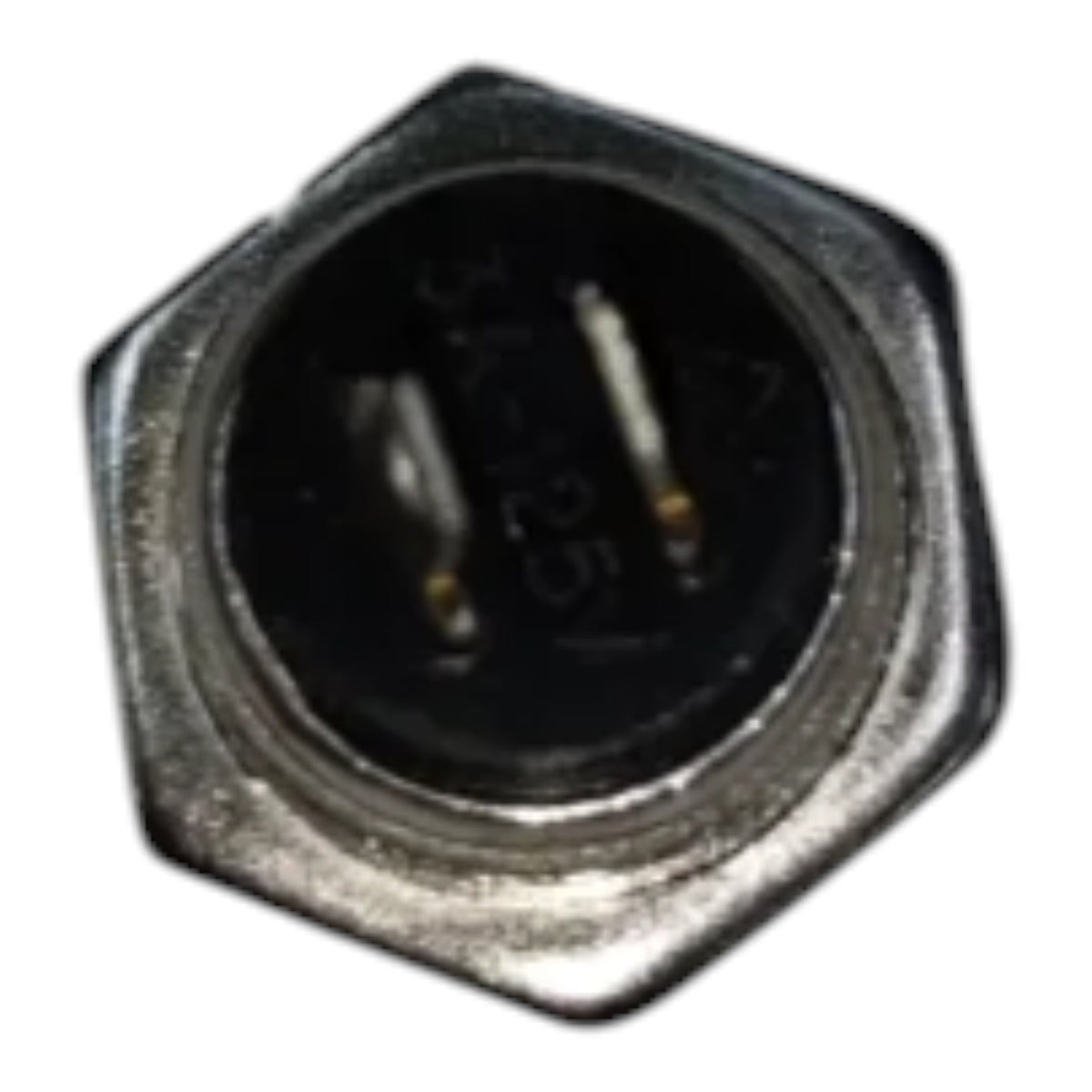 A close-up of a metallic hexagonal electrical connector with two pins visible inside a black circular opening, isolated on a white background.