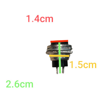 A small metal electrical push-button switch with a red top and black base, shown on a white background with red, yellow, green, and light green dimension labels indicating 1.4cm, 1.