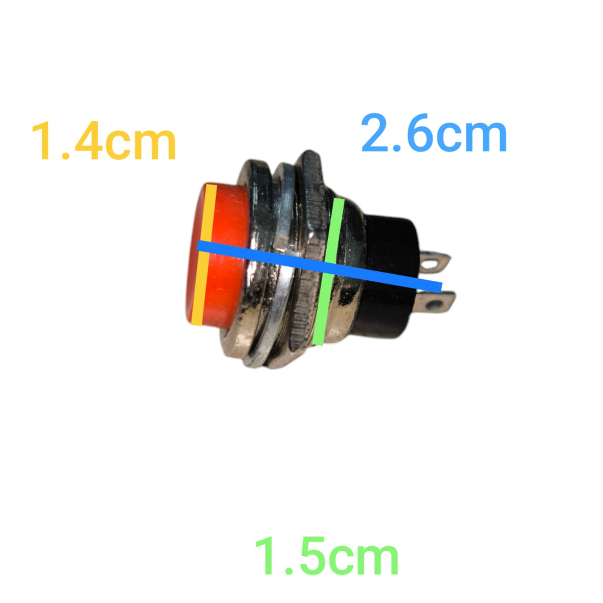 A small industrial push-button switch with an orange-red button face, black terminal housing, and metal mounting collar, shown with overlaid dimension labels 1.4cm, 2.