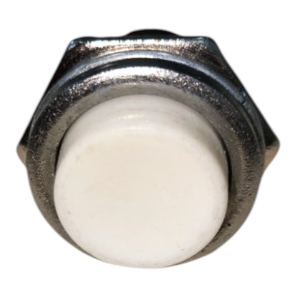 A close-up of a round white push-button with a silver metal hex nut base, isolated on a white background.