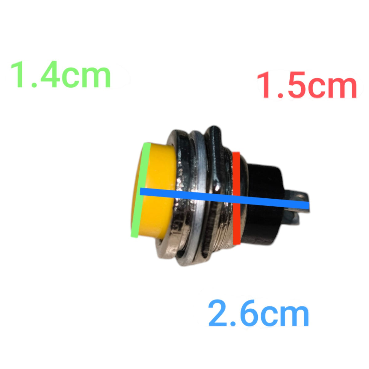 A small cylindrical push-button component on a white background with overlaid dimension labels: 1.4cm in green, 1.