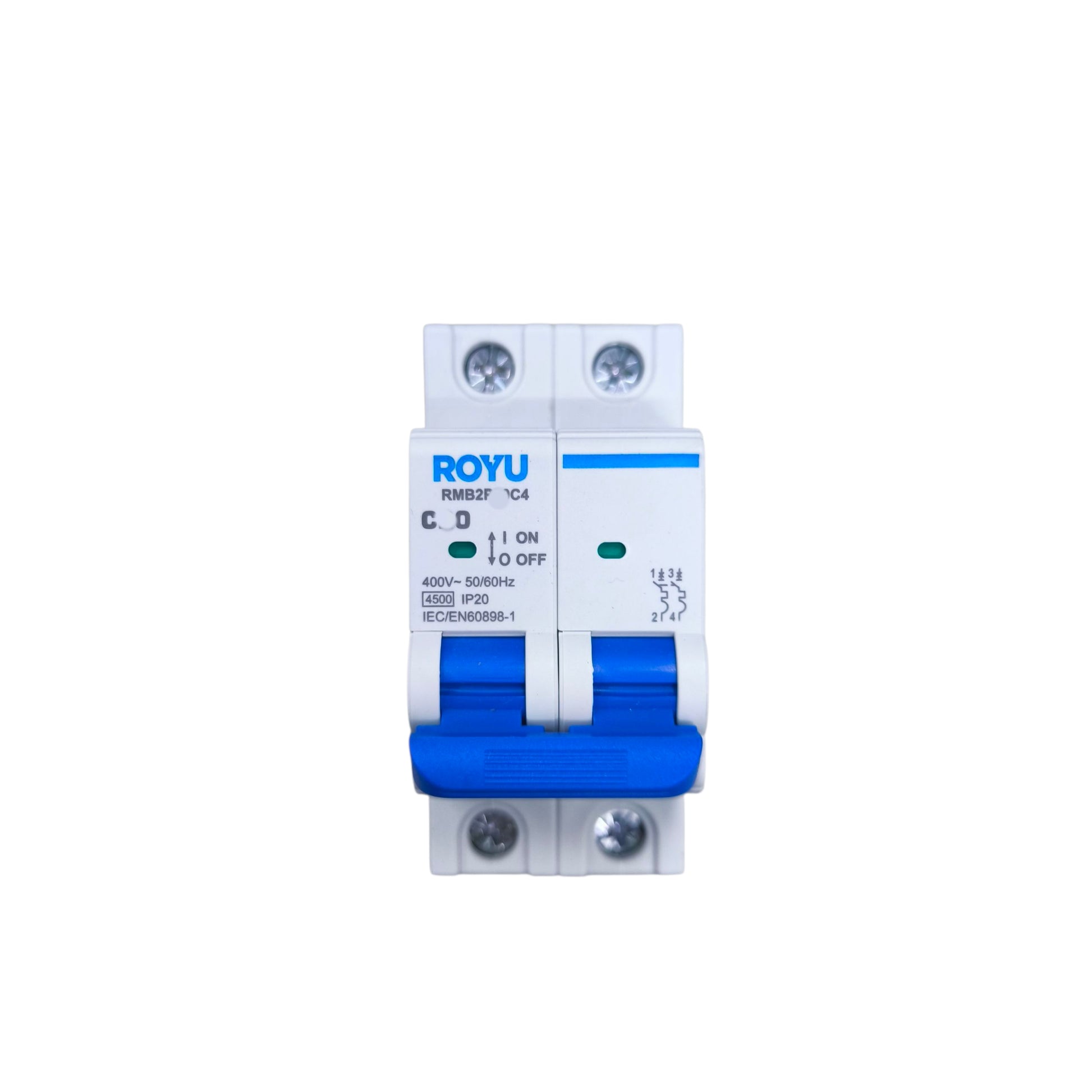 Electrical circuit breaker with 'ROYU' branding on a white background