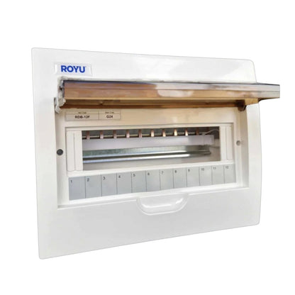 A white Royu electrical distribution board with its top cover open, showing internal busbars and a numbered terminal strip from 1 to 20, on a plain white background.