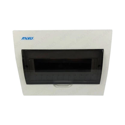 A white electrical distribution board cover with a black front panel and a blue ROYU logo printed on the top left, set against a plain white background.