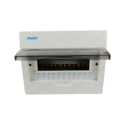 A white electrical distribution board or switch panel with a translucent dark gray top cover and a row of labeled front switches, shown on a plain white background. The brand name ROYU is printed in blue on the upper left.