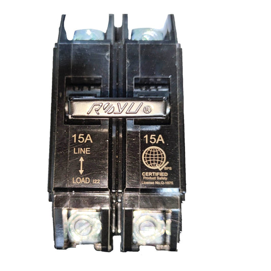 A black 15A double-pole electrical circuit breaker with a silver metal brand plate reading 'RIVU' and gold text indicating line and load terminals, shown on a plain white background.