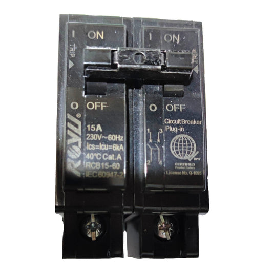 A black double-pole circuit breaker plug-in with white printed technical specifications and labels, shown against a plain white background.