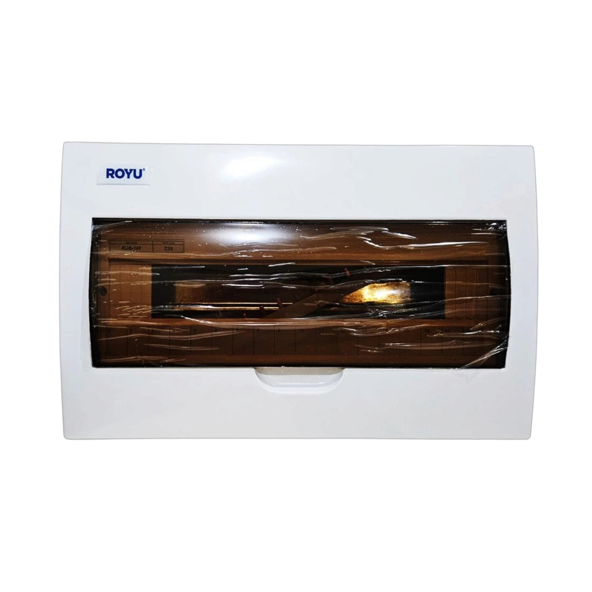 A white ROYU electrical switchboard cover with a clear plastic window showing a brown interior, isolated on a white background.