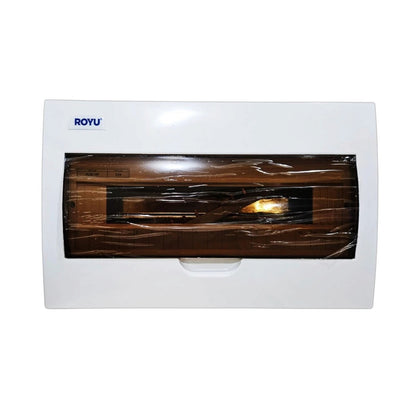A white ROYU electrical switchboard cover with a clear plastic window showing a brown interior, isolated on a white background.