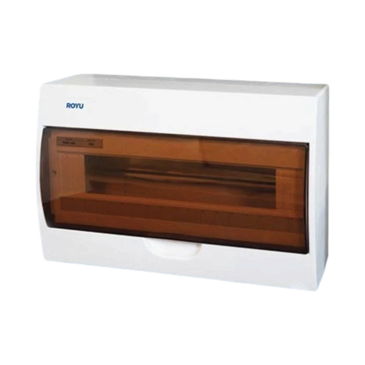 A white ROYU electrical switchboard box with a translucent amber-brown door, shown on a plain white background.