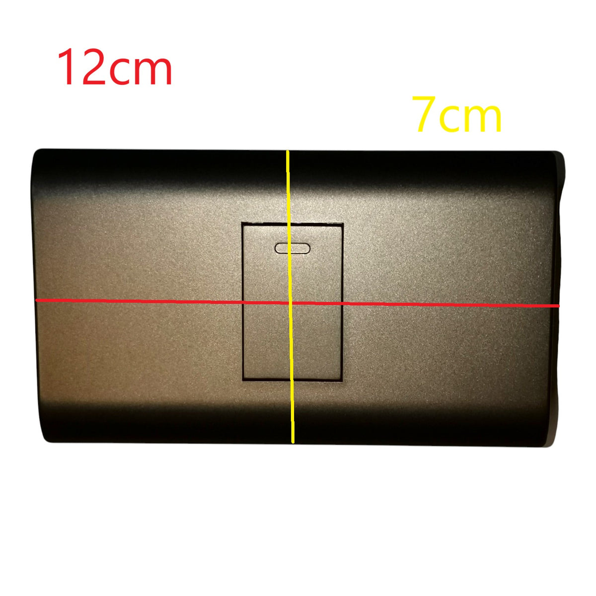 A rectangular metallic wall switch plate shown on a white background with red and yellow measurement overlays indicating 12 cm width and 7 cm height.