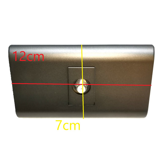 A dark metallic rectangular hardware piece with a small circular center detail, overlaid with red and yellow measurement lines and text showing 12cm width and 7cm height on a white background.