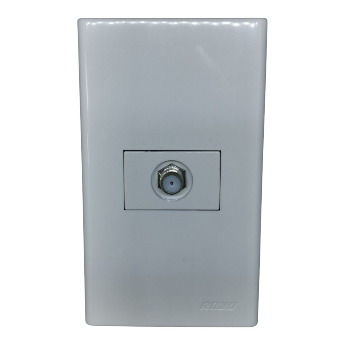 A white rectangular wall-mounted receiver plate with a central coaxial cable connector recess and a faint ROKU logo near the bottom right, shown on a plain white background.