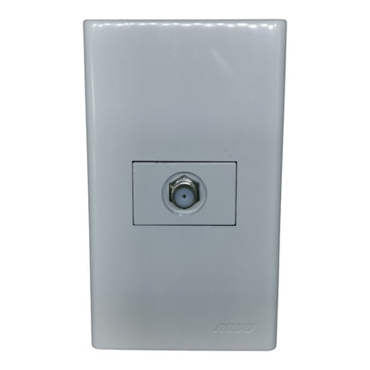 A white rectangular wall-mounted receiver plate with a central coaxial cable connector recess and a faint ROKU logo near the bottom right, shown on a plain white background.