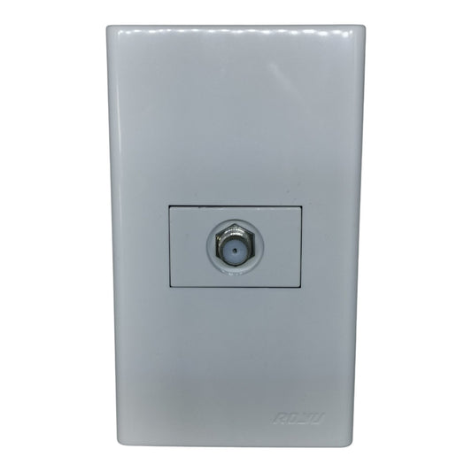 A white rectangular wall-mounted receiver plate with a central coaxial cable connector recess and a faint ROKU logo near the bottom right, shown on a plain white background.