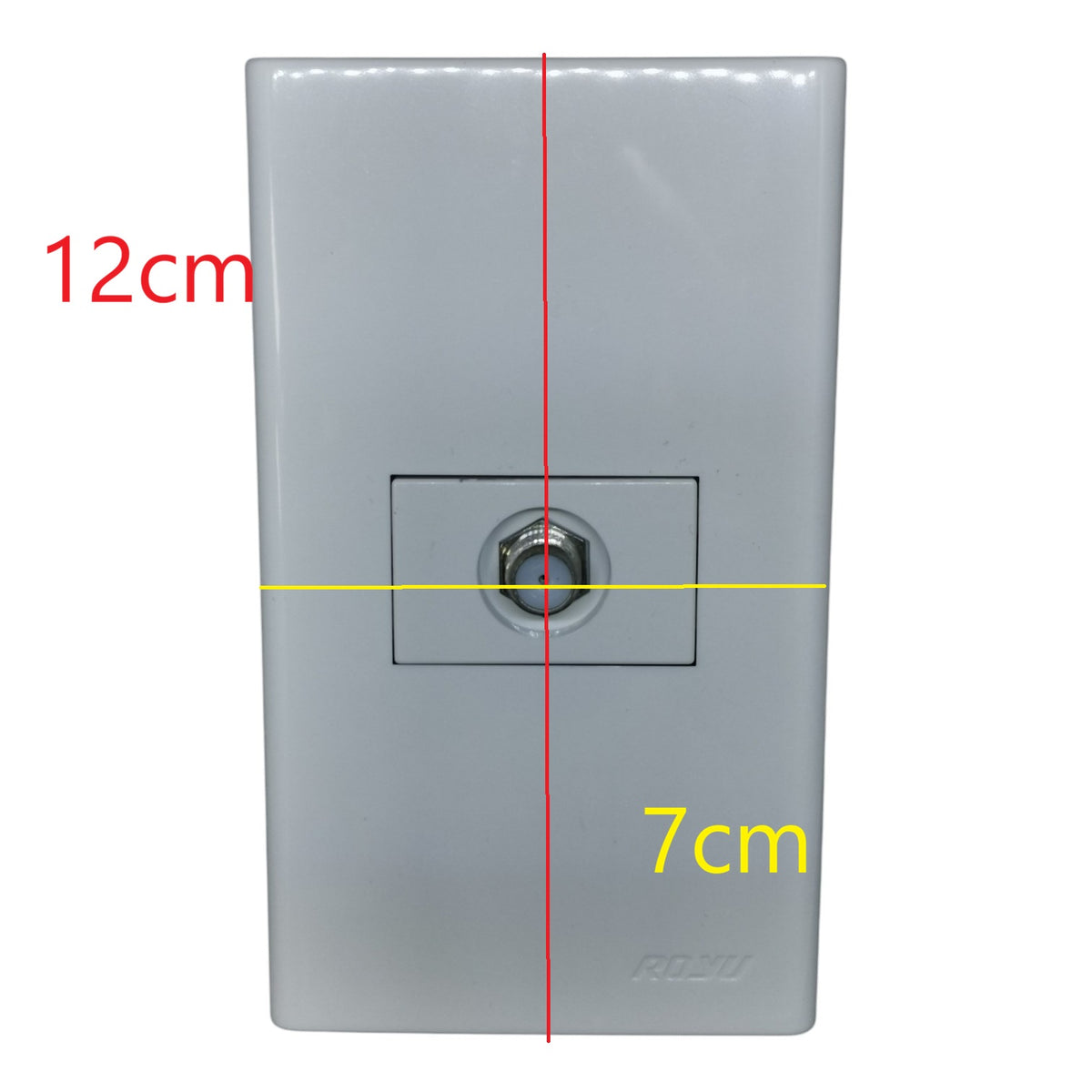 A white rectangular wall-mounted outlet or socket shown front-on with overlaid dimension lines and text reading 12cm and 7cm to indicate size.