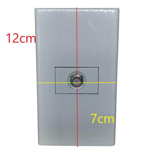 A white rectangular wall-mounted outlet or socket shown front-on with overlaid dimension lines and text reading 12cm and 7cm to indicate size.