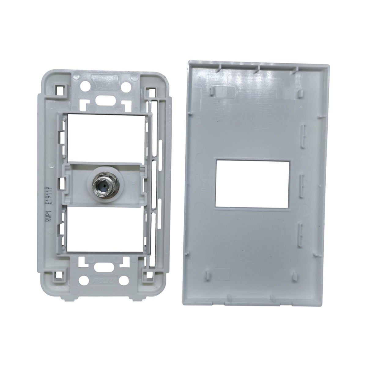 A pair of light switch wall plates in a light gray plastic finish, shown on a plain white background. One plate is shown from the front with a screw terminal, and the other is shown from the back with a cutout.