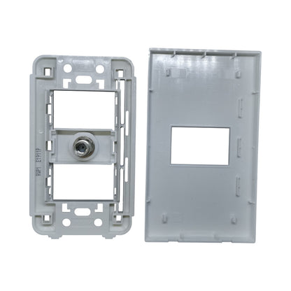 A pair of light switch wall plates in a light gray plastic finish, shown on a plain white background. One plate is shown from the front with a screw terminal, and the other is shown from the back with a cutout.
