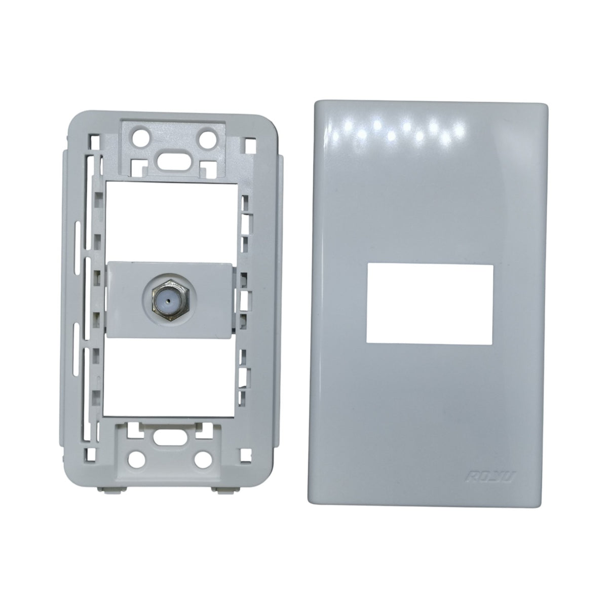 A light gray plastic wall switch or outlet plate frame set, showing the backplate with a screw terminal on the left and the front cover plate with a rectangular cutout on the right, on a white background.