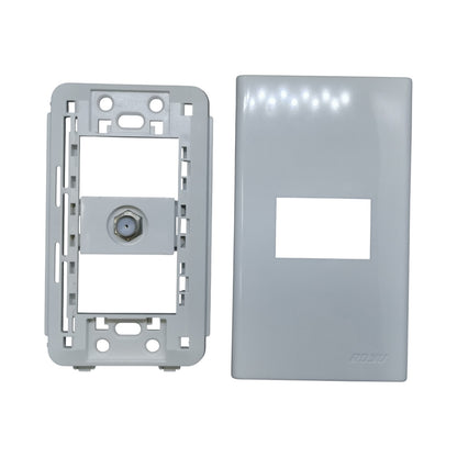 A light gray plastic wall switch or outlet plate frame set, showing the backplate with a screw terminal on the left and the front cover plate with a rectangular cutout on the right, on a white background.