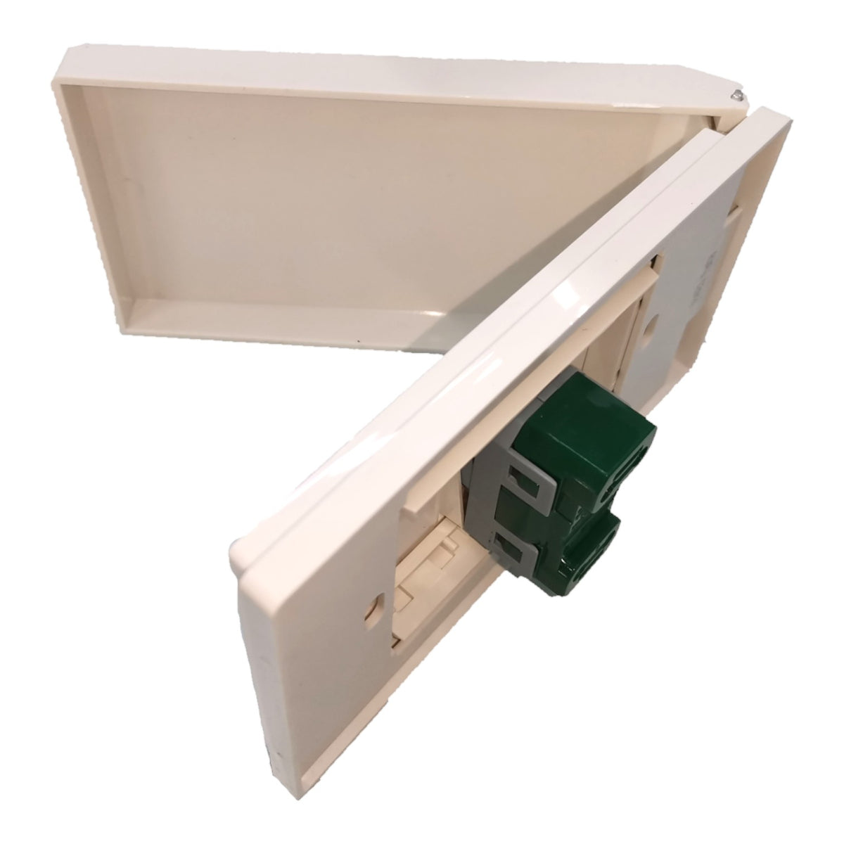 An off-white plastic electrical junction box cover with a green and gray connector visible inside, shown against a plain white background.