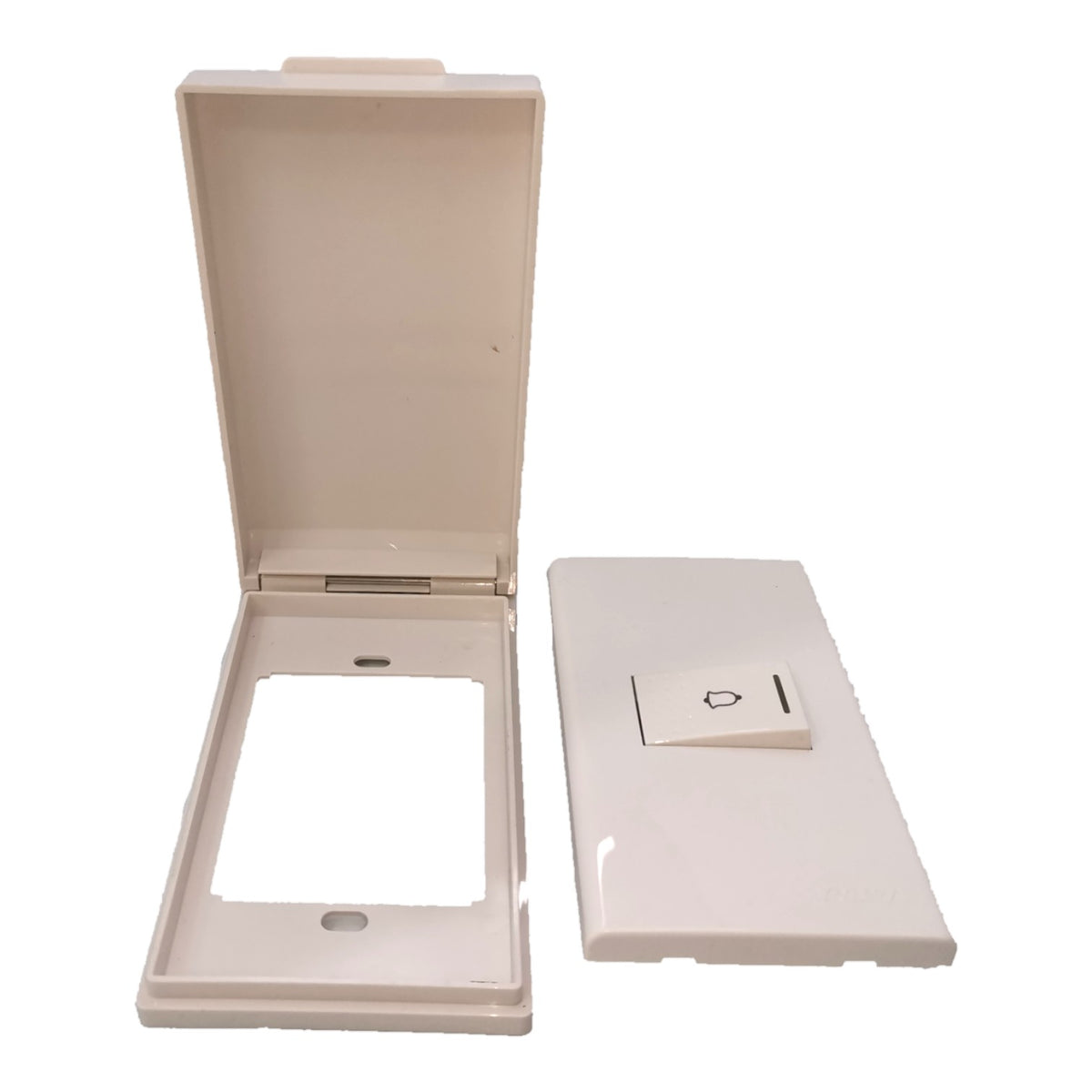 A cream-colored plastic light switch socket cover set, shown with the hinged backplate open on the left and the front plate with a single switch on the right, against a plain white background.