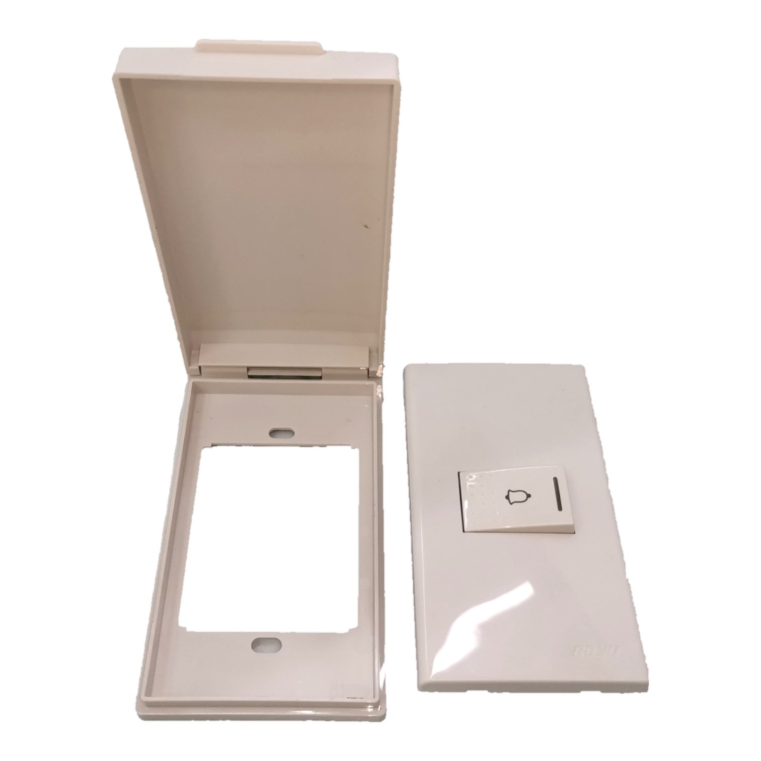 A white plastic electrical switch plate kit shown in two pieces, with one piece open to reveal the mounting socket and the other showing the single-pole switch button.