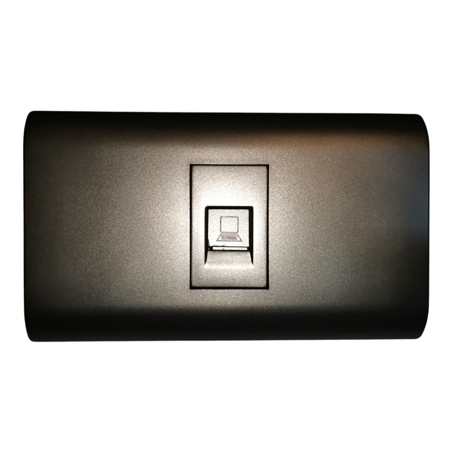 A rectangular black metal wall sconce with a central recessed light element, shown against a plain white background.