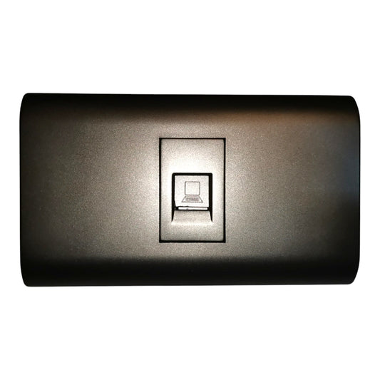 A rectangular black metal wall sconce with a central recessed light element, shown against a plain white background.