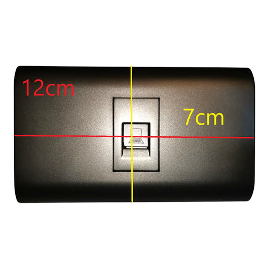 A rectangular black textured panel with rounded ends and a recessed center, shown on a white background with red and yellow measurement lines and text indicating 12cm and 7cm dimensions.