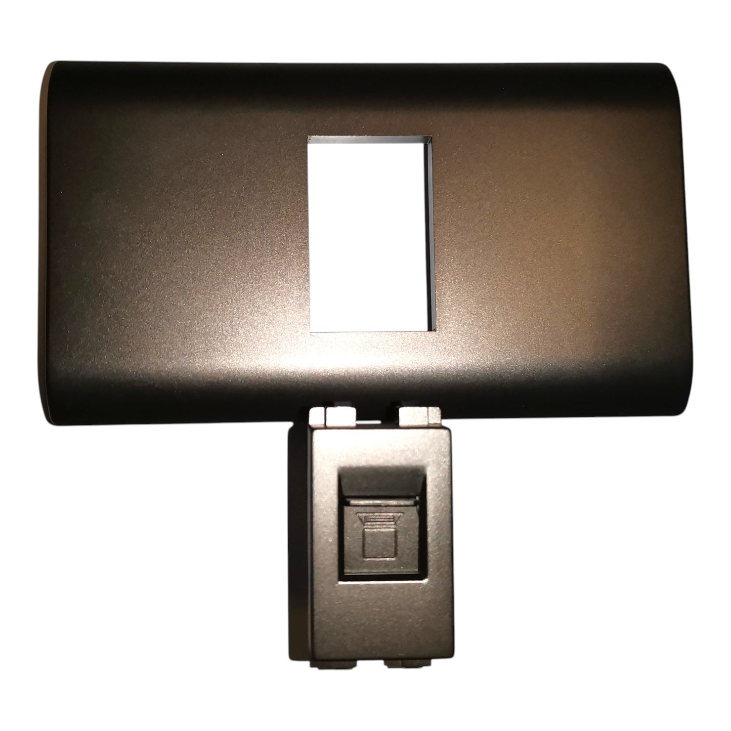 A dark metallic wall switch plate cover with a rectangular cutout in the center, mounted over a matching square wall switch box, shown against a plain white background.