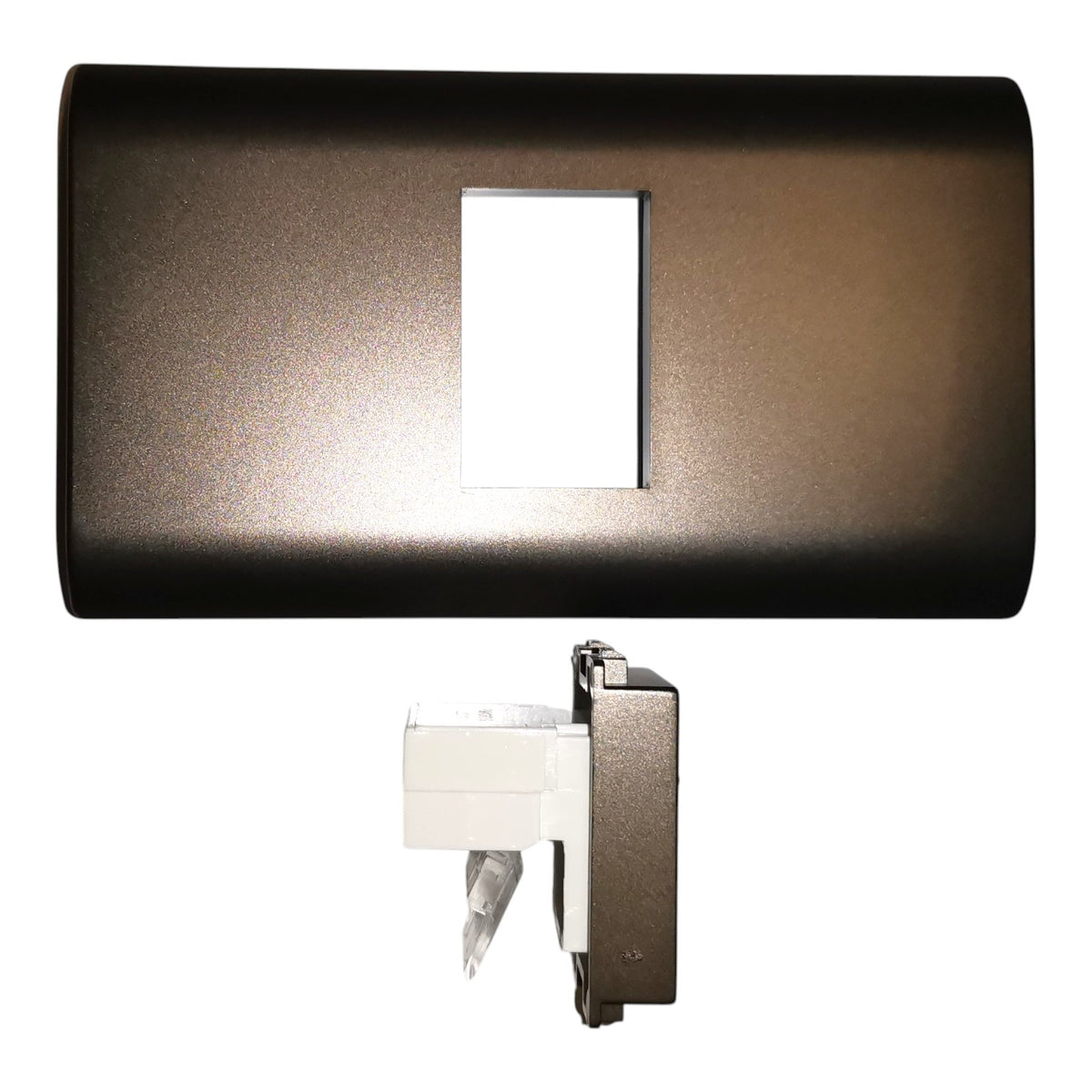 A dark bronze metal faceplate cover for a switch or outlet, shown from the front with a rectangular cutout and from the side showing the internal mounting hardware, on a white background.