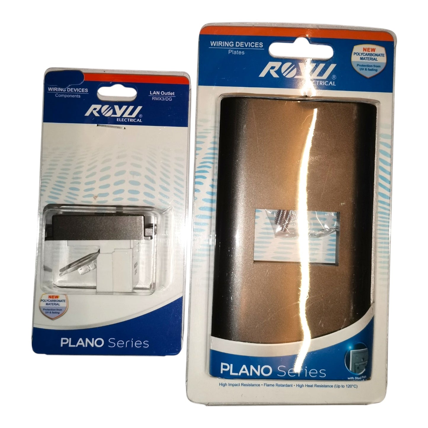 Two packaged ROWU Electrical Plano Series products on a white background: a smaller wired device in blister packaging and a larger dark metallic cylindrical component in a larger retail package.
