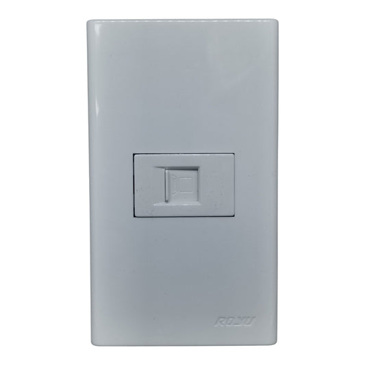 A white RJ45 network jack faceplate by ROXY, shown against a plain white background.