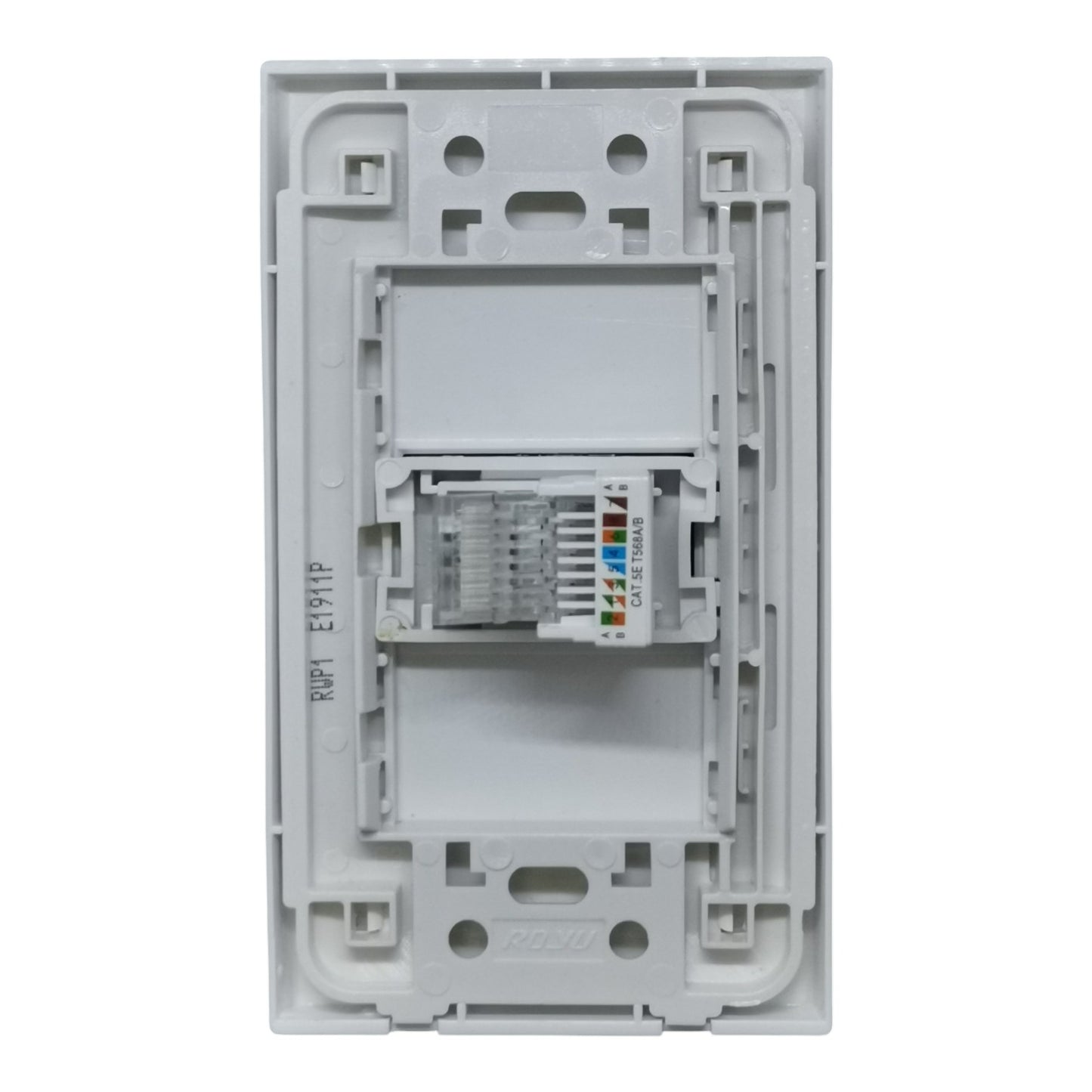 A white plastic RJ45 network module inside a matching white wall switch plate backplate, shown against a plain white background.