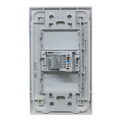 A white plastic RJ45 network module inside a matching white wall switch plate backplate, shown against a plain white background.