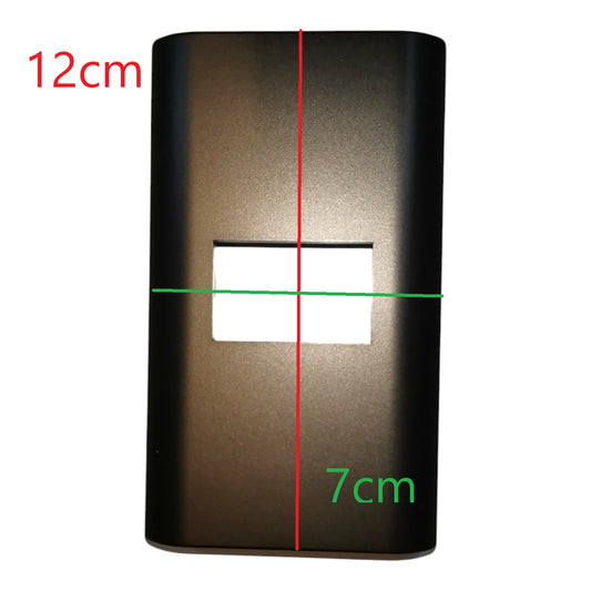 A dark metallic rectangular panel with rounded corners and a central cutout, shown on a white background with red and green measurement lines and text indicating 12cm height and 7cm width.