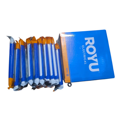 A blue box of Royu Electrical lead wires next to several individual wrapped lead wire strips, displayed on a clean white background.