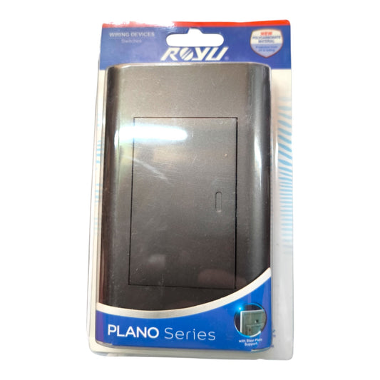 A black electronic plug-in device in its original retail packaging, featuring a blue and white header card with the brand name 'ROYU' and 'PLANO Series' printed on it.
