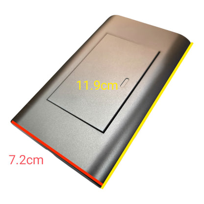 A rectangular metallic device, likely a card reader or electronic module, shown on a white background with red and yellow outline accents and overlaid dimension labels reading 11.9cm and 7.