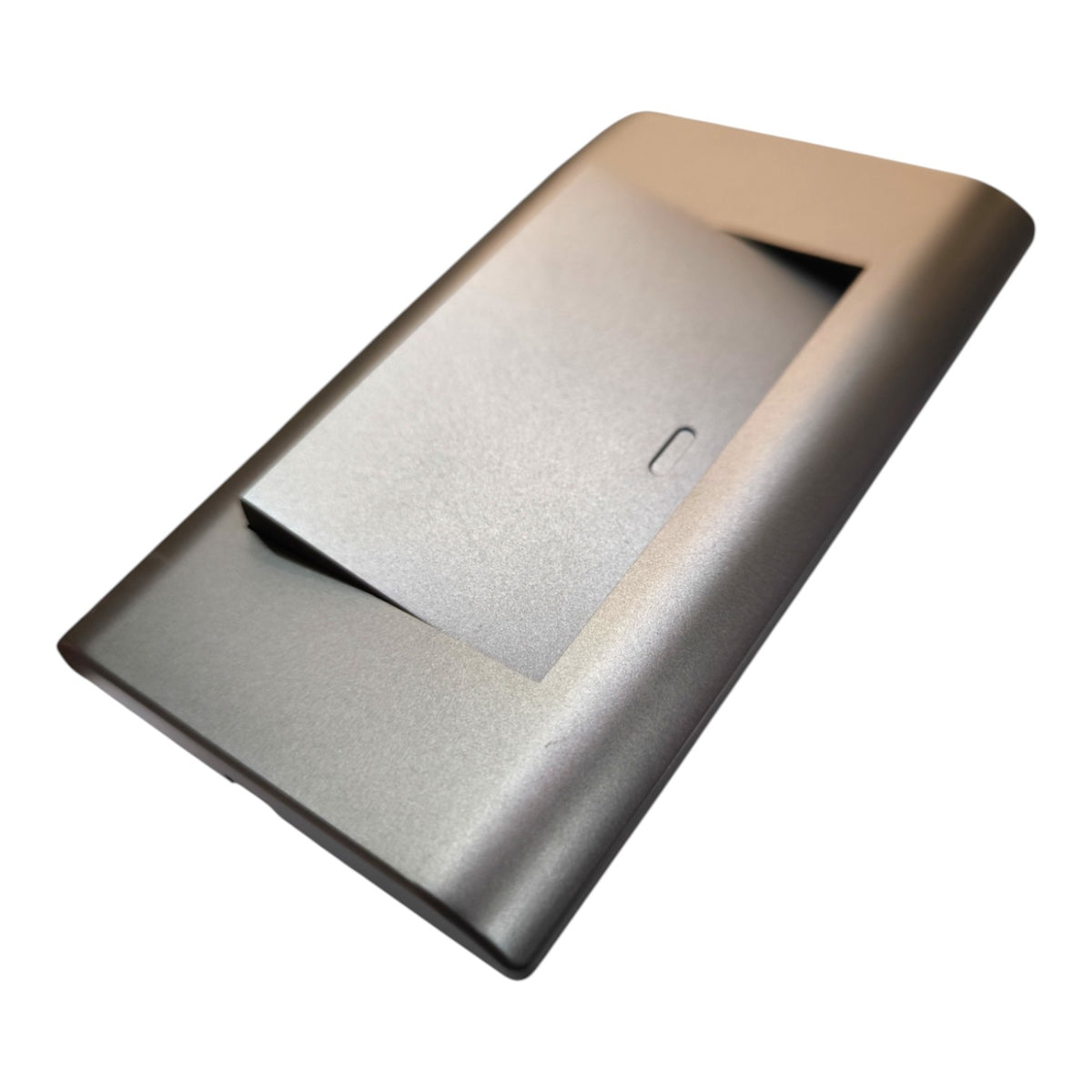 A brushed metal electronic module or cover plate with a rectangular recessed slot, shown at an angle on a plain white background.
