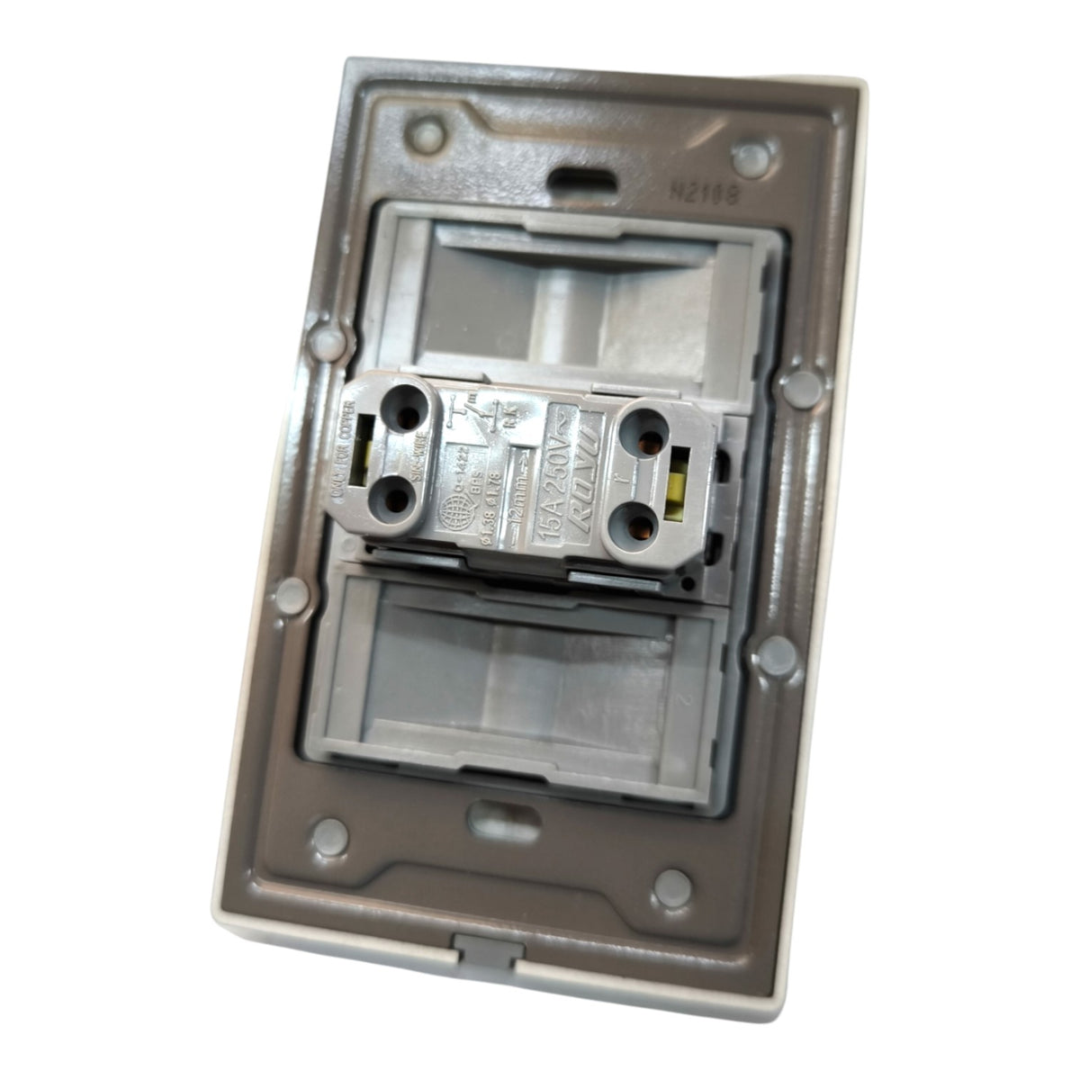 A silver metal electrical outlet component, likely a modular switch or socket module, shown against a plain white background.