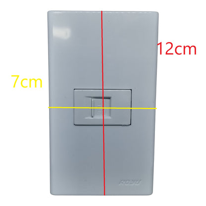 A gray RJ45 network outlet plate shown front-on with measurement annotations: a red vertical line and '12cm' text, a yellow horizontal line and '7cm' text, on a white background.